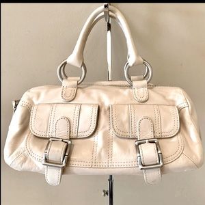 Dkny ivory cream leather silver hardware small satchel handbag